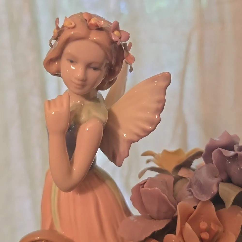Vintage Porcelain Fairy Cart Full‎ of Pink Purple White Flowers 6 1/2 x 5 1/2